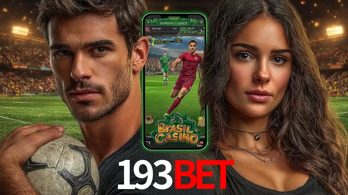 Homem segurando uma bola de futebol e uma mulher ao lado de um smartphone exibindo o jogo de apostas esportivas da 193BET. Faça seu palpite no cassino online.